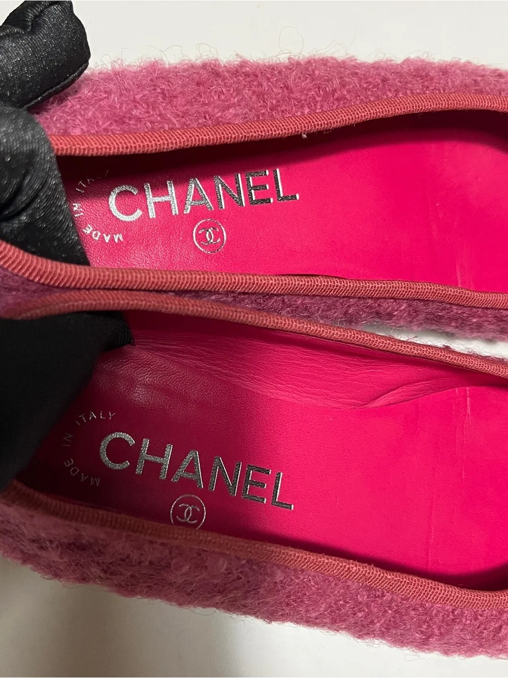 CHANEL Pink Bouclé Ballet Flats with Black Patent Cap Toe